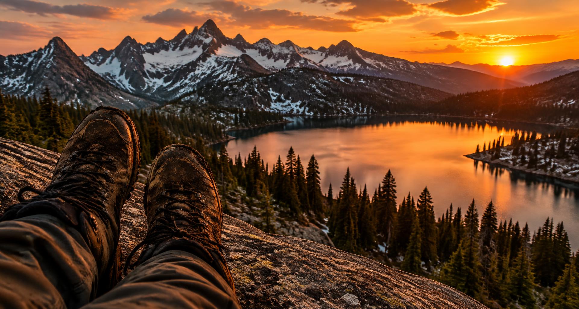 Hiking boots above an alpine lake at sunset